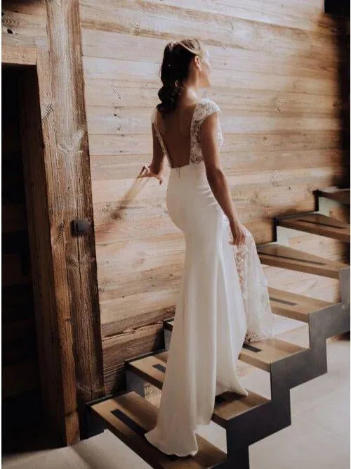 Roycebridal Sheath Bateau Cap Sleeves Sweep Train Lace Wedding Dress with Split,MW487