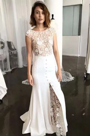 Roycebridal Sheath Bateau Cap Sleeves Sweep Train Lace Wedding Dress with Split,MW487