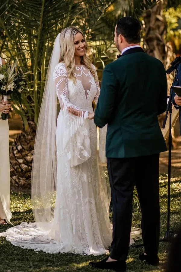 Roycebridal Sheath Bateau Long Sleeve Wedding Dresses Boho Country Bridal Dresses,MW503
