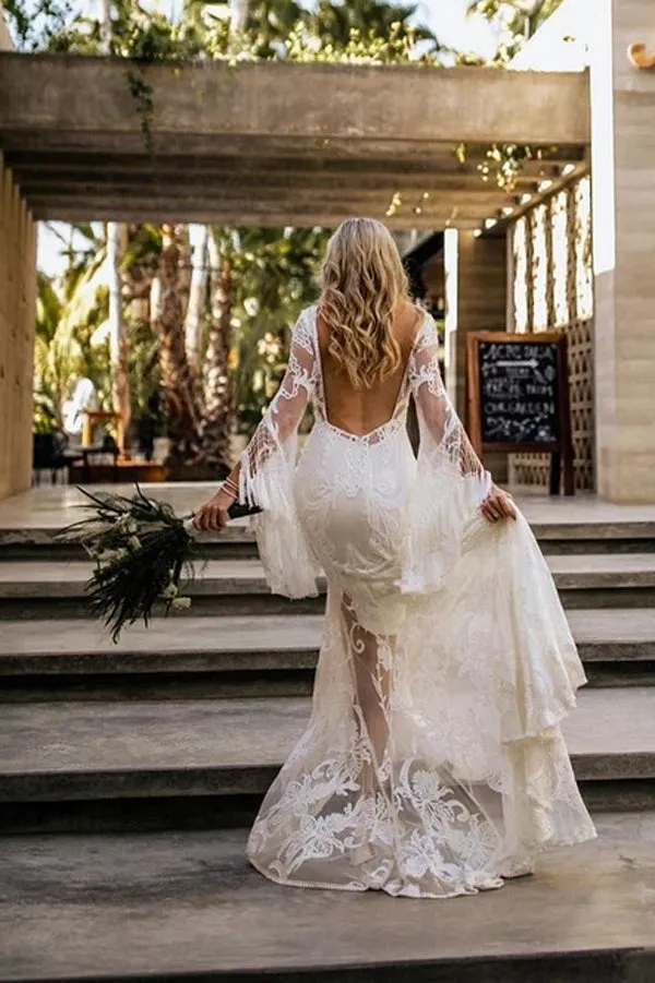 Roycebridal Sheath Bateau Long Sleeve Wedding Dresses Boho Country Bridal Dresses,MW503