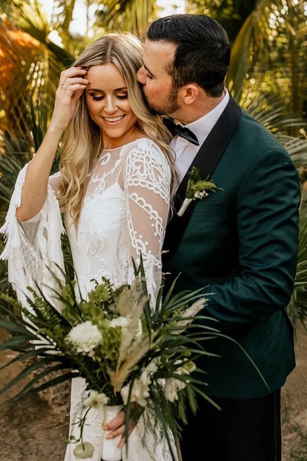 Roycebridal Sheath Bateau Long Sleeve Wedding Dresses Boho Country Bridal Dresses,MW503