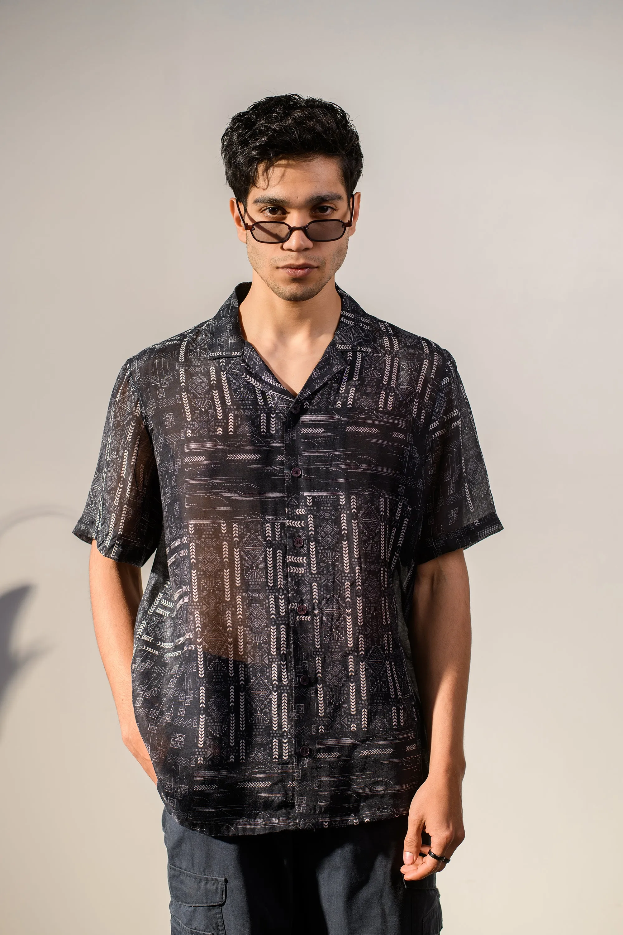 Rustic Boho Black Geometric Silk OverSize Hawaiin Collar Shirt For Men