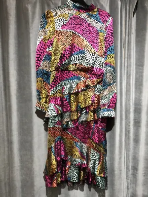Saloni Mock Neck Multicolor Printed Ruffle Midi Dress