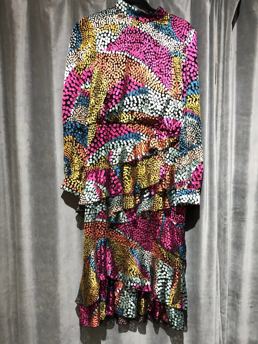 Saloni Mock Neck Multicolor Printed Ruffle Midi Dress