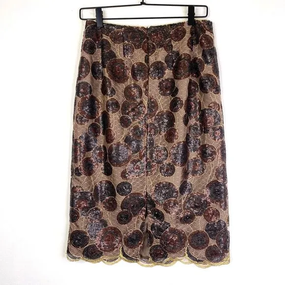 Sera B. New York Sequin Pencil Skirt Womens 6 Brown Gold Sheer Mesh 100% Silk