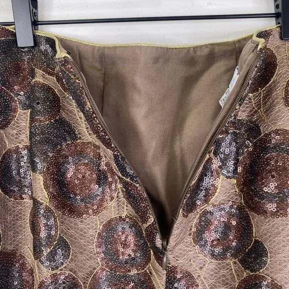 Sera B. New York Sequin Pencil Skirt Womens 6 Brown Gold Sheer Mesh 100% Silk