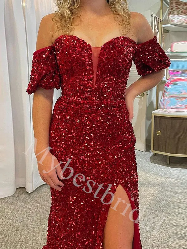 Sexy Off shoulder Sleeveless Side slit Sheath Prom Dresses,PDS0995
