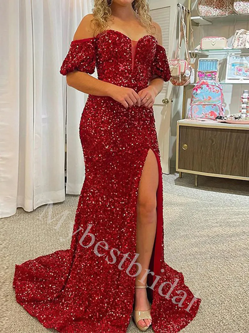 Sexy Off shoulder Sleeveless Side slit Sheath Prom Dresses,PDS0995