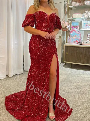 Sexy Off shoulder Sleeveless Side slit Sheath Prom Dresses,PDS0995