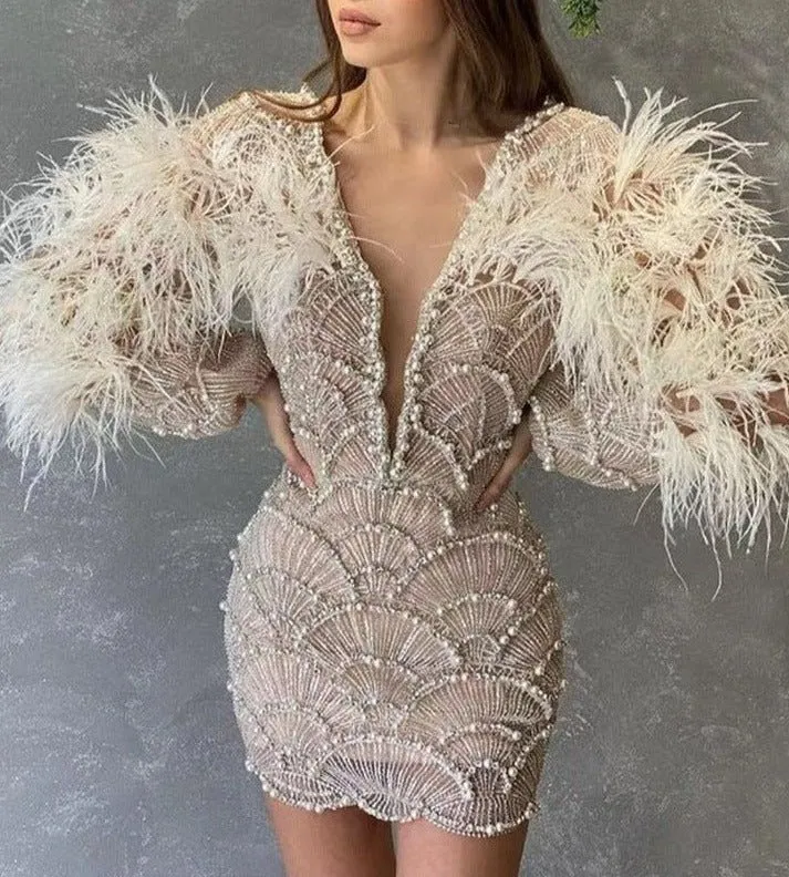 Sexy V-neck Beaded Dress Beaded Long Sleeve Feather Wine Dress