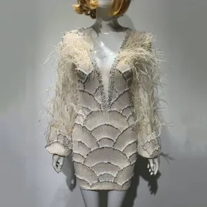 Sexy V-neck Beaded Dress Beaded Long Sleeve Feather Wine Dress