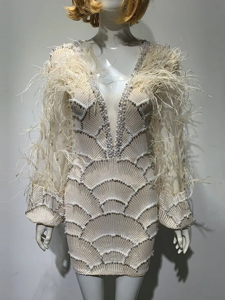 Sexy V-neck Beaded Dress Beaded Long Sleeve Feather Wine Dress