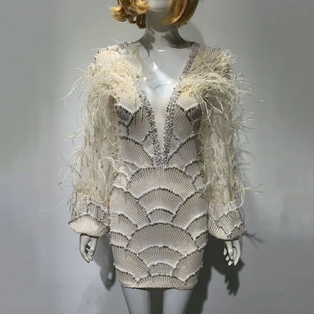 Sexy V-neck Beaded Dress Beaded Long Sleeve Feather Wine Dress