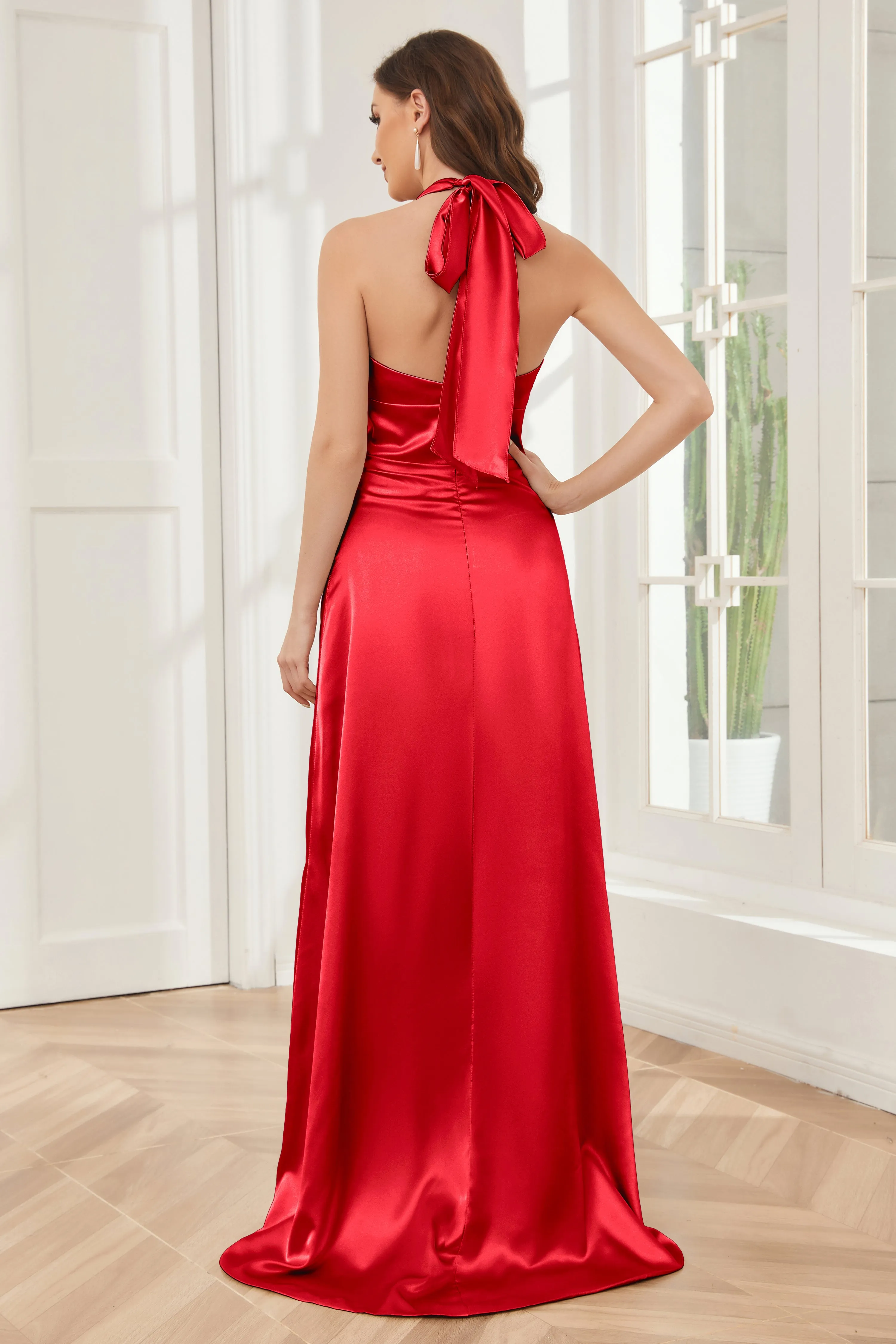 Sheath Halter Soft Satin Bridesmaid Dress with Slit
