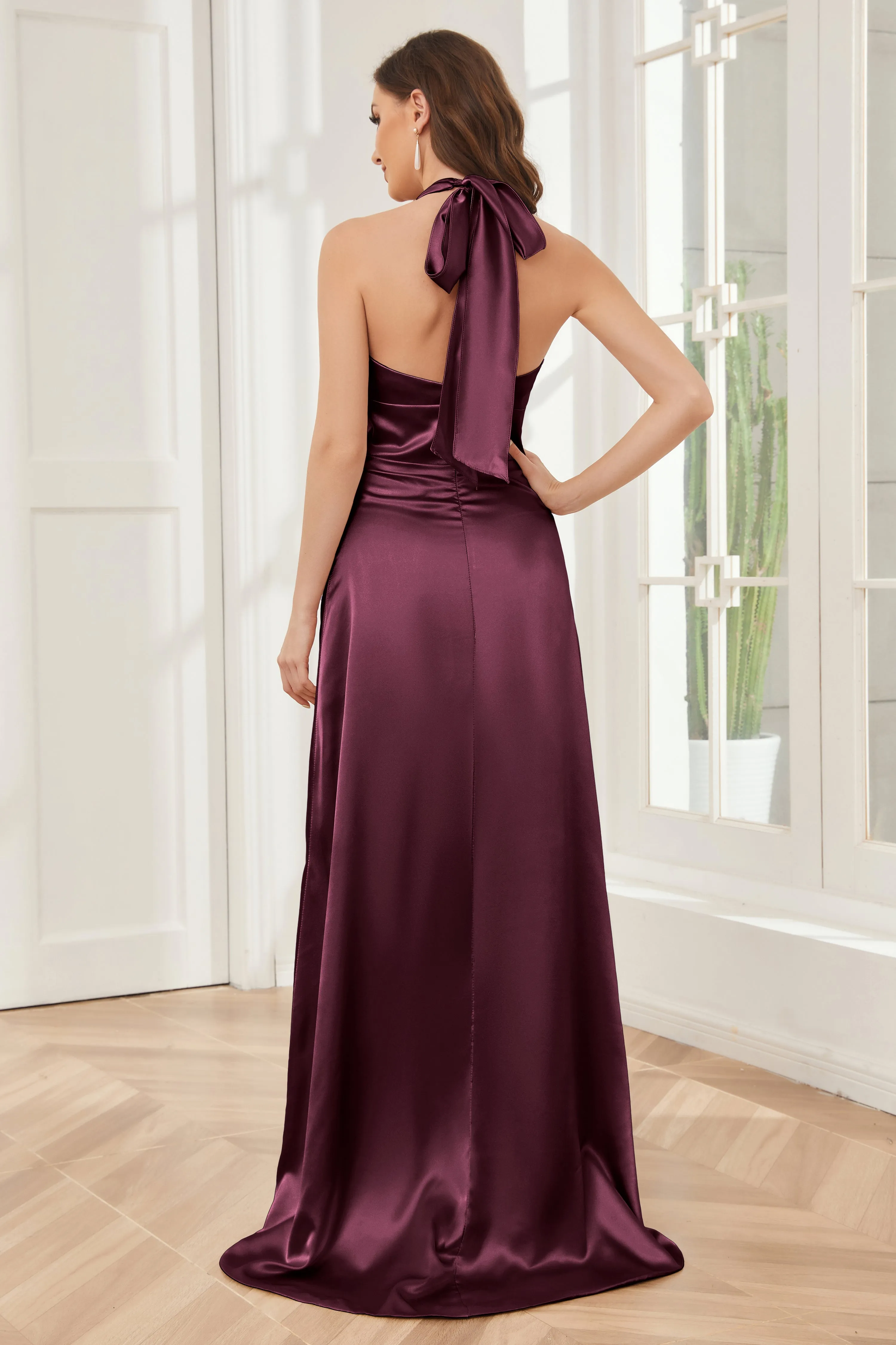 Sheath Halter Soft Satin Bridesmaid Dress with Slit