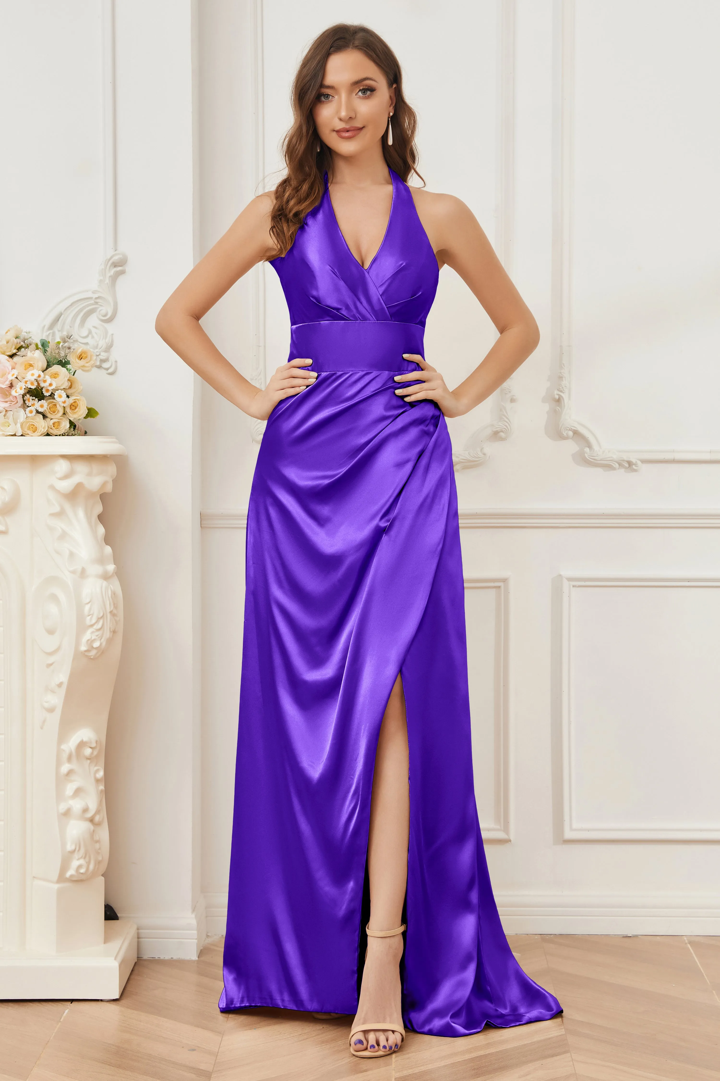 Sheath Halter Soft Satin Bridesmaid Dress with Slit