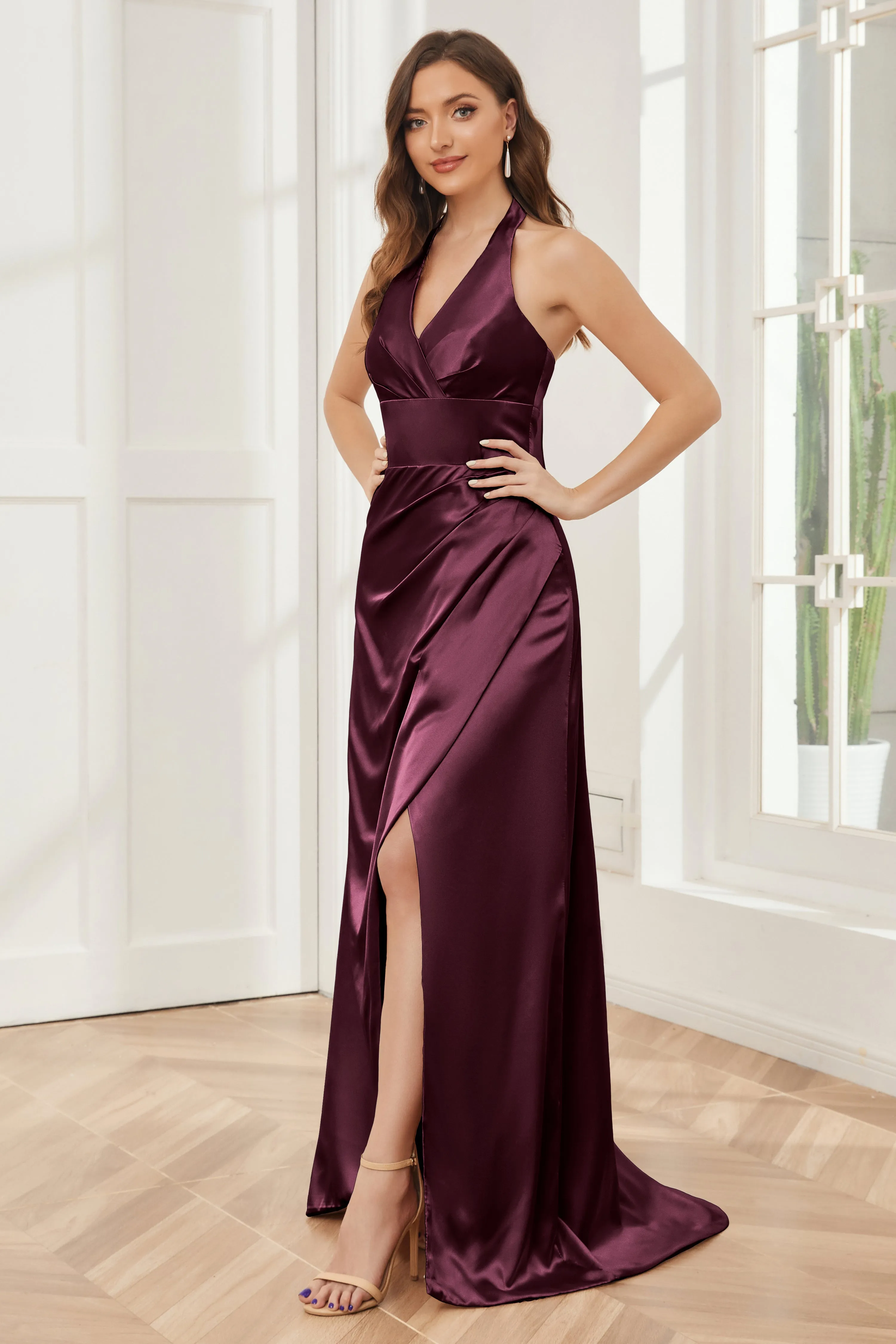 Sheath Halter Soft Satin Bridesmaid Dress with Slit