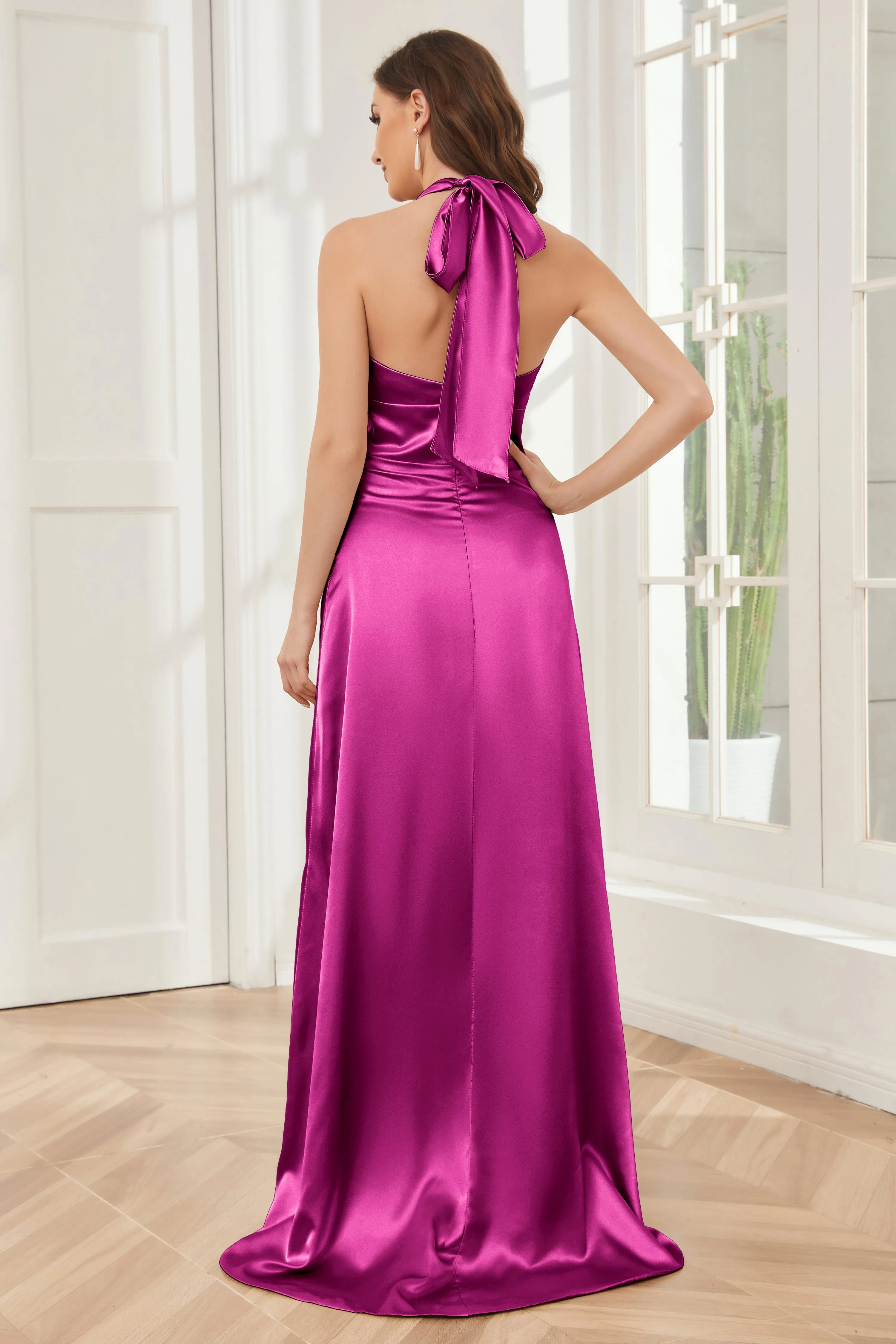 Sheath Halter Soft Satin Bridesmaid Dress with Slit