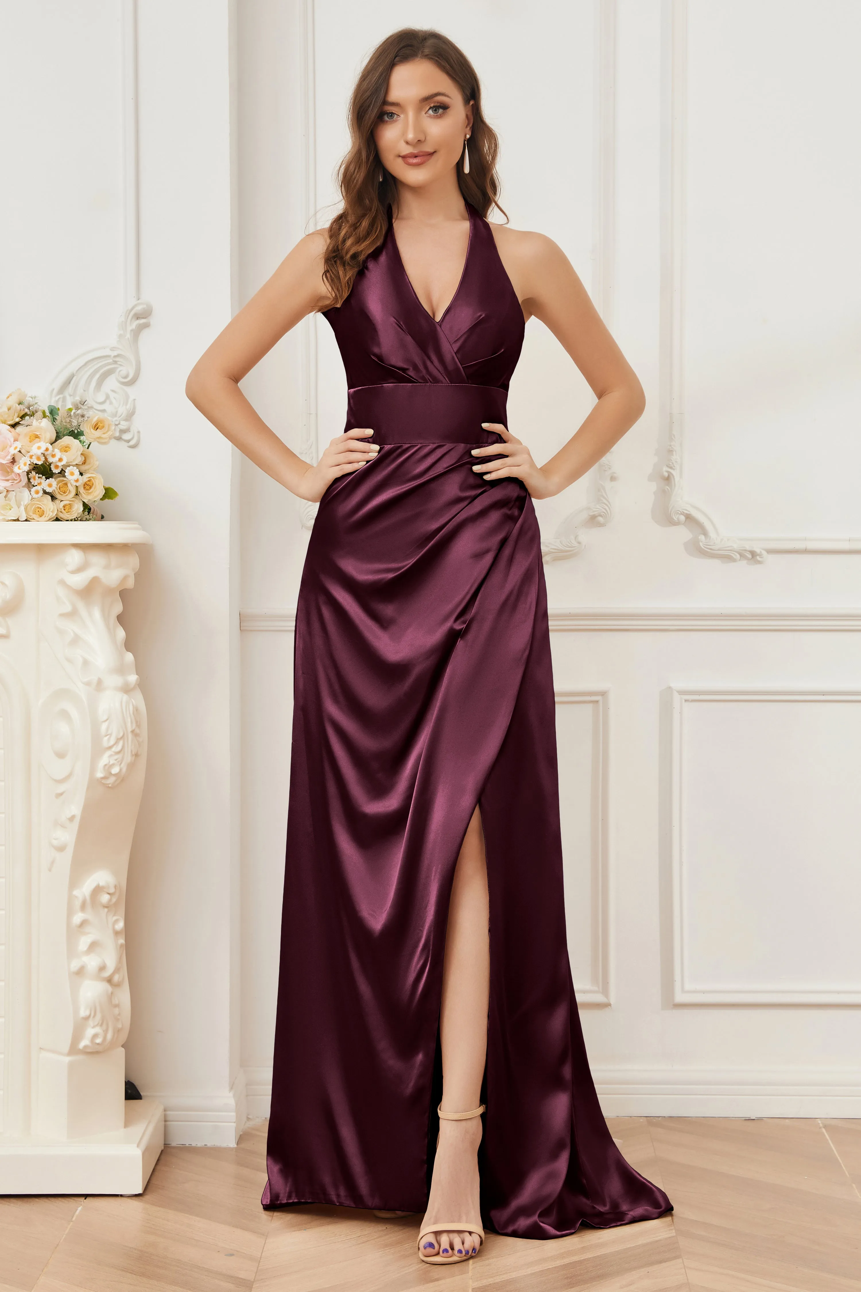 Sheath Halter Soft Satin Bridesmaid Dress with Slit