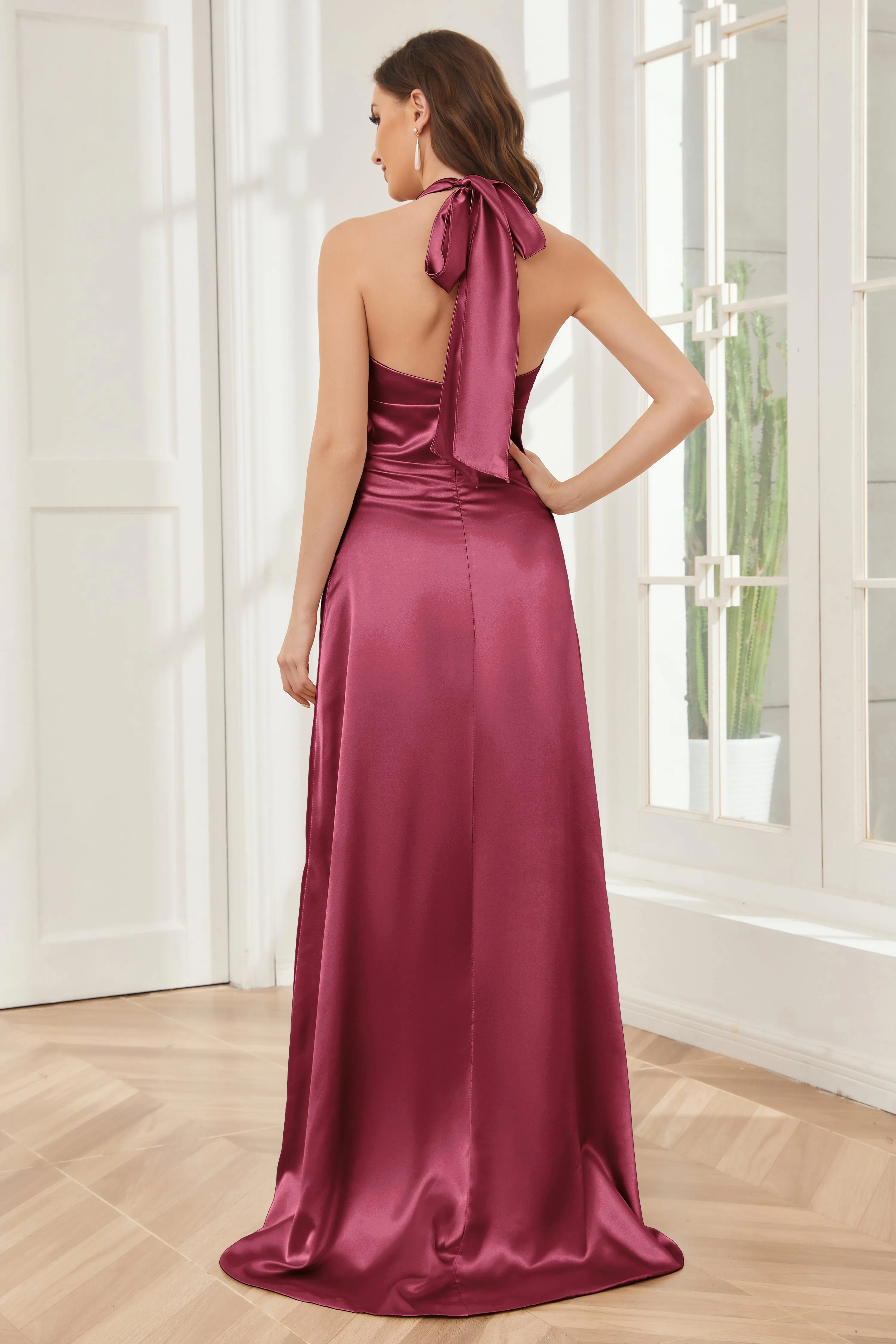 Sheath Halter Soft Satin Bridesmaid Dress with Slit