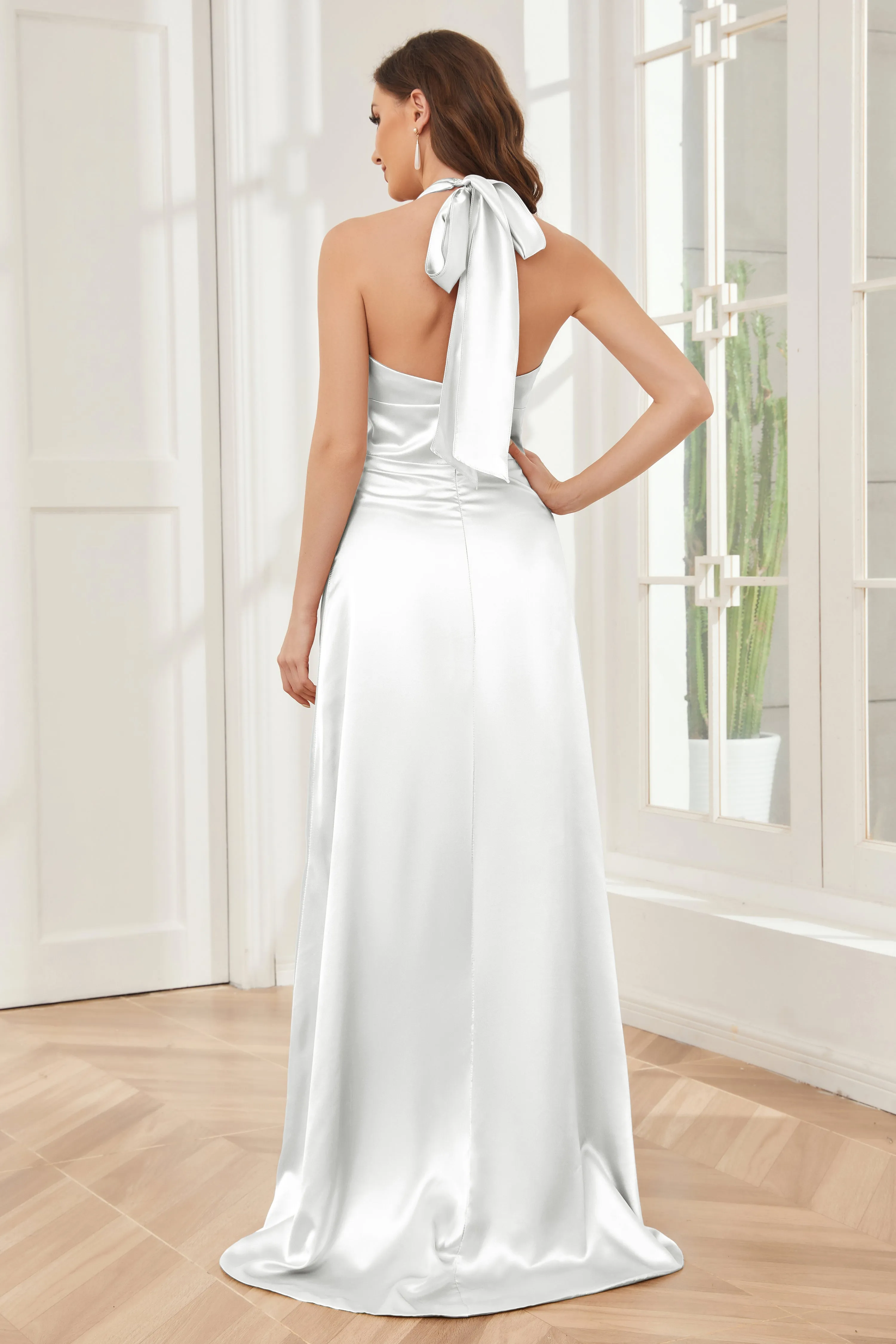 Sheath Halter Soft Satin Bridesmaid Dress with Slit