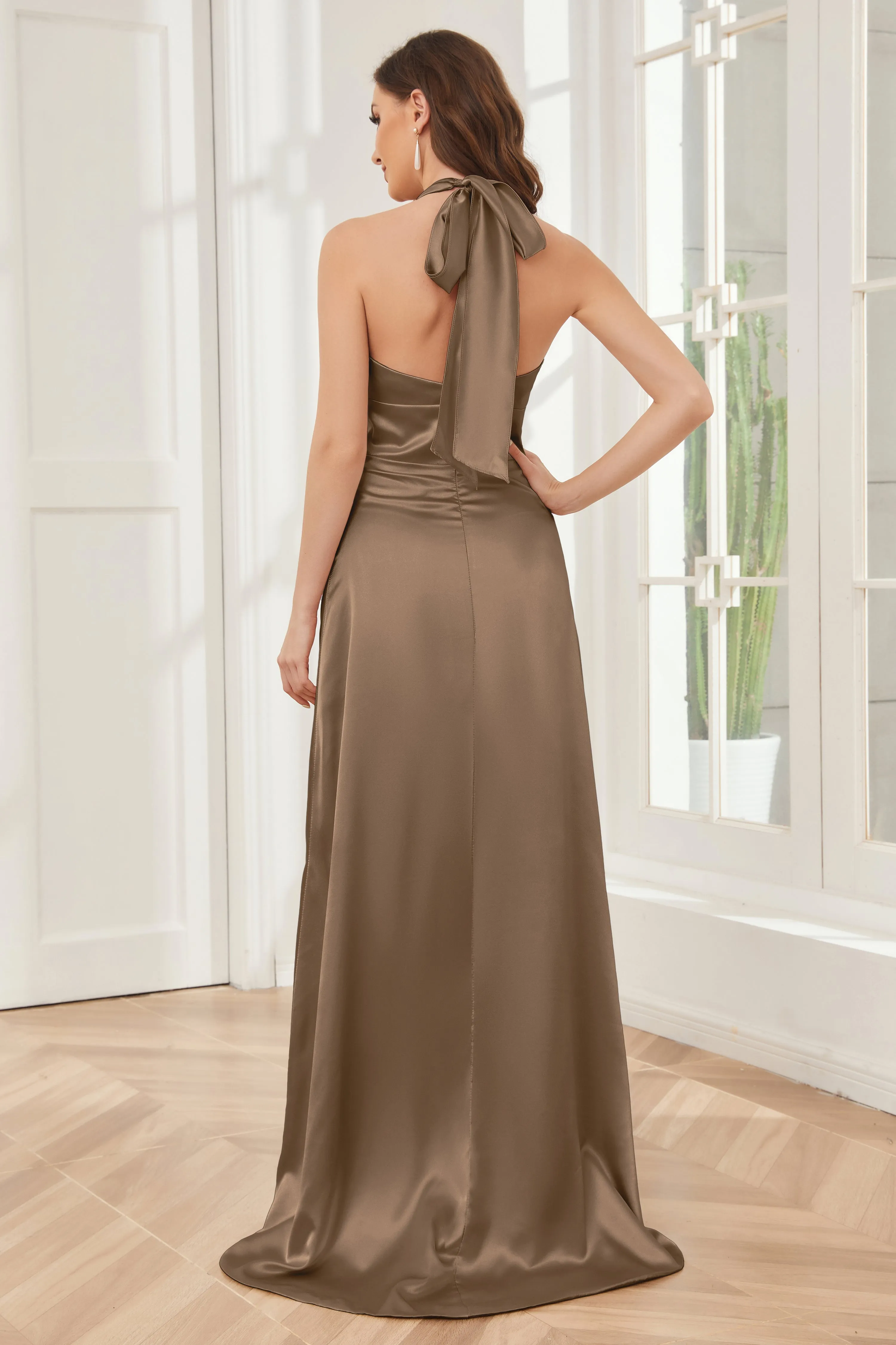 Sheath Halter Soft Satin Bridesmaid Dress with Slit