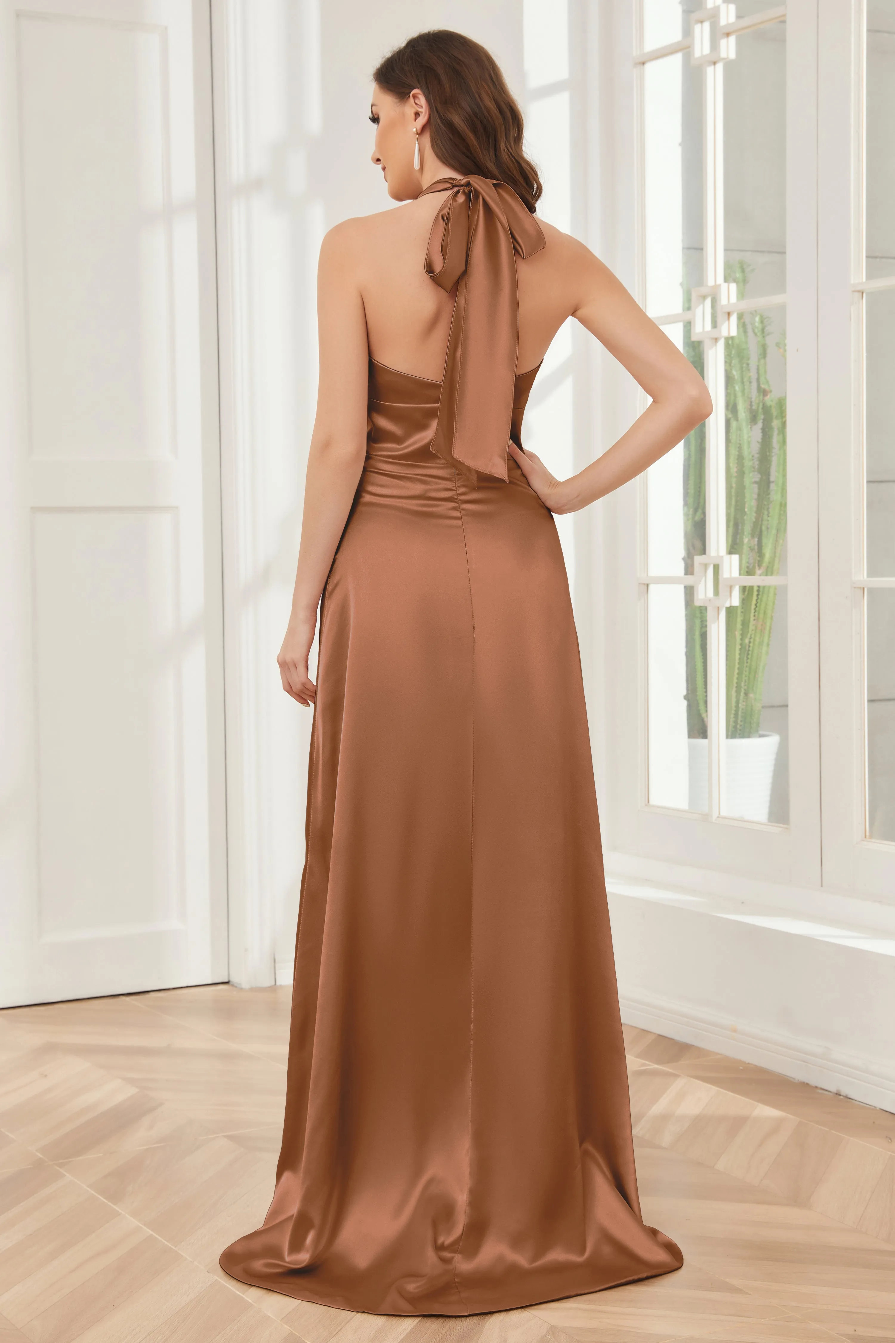 Sheath Halter Soft Satin Bridesmaid Dress with Slit
