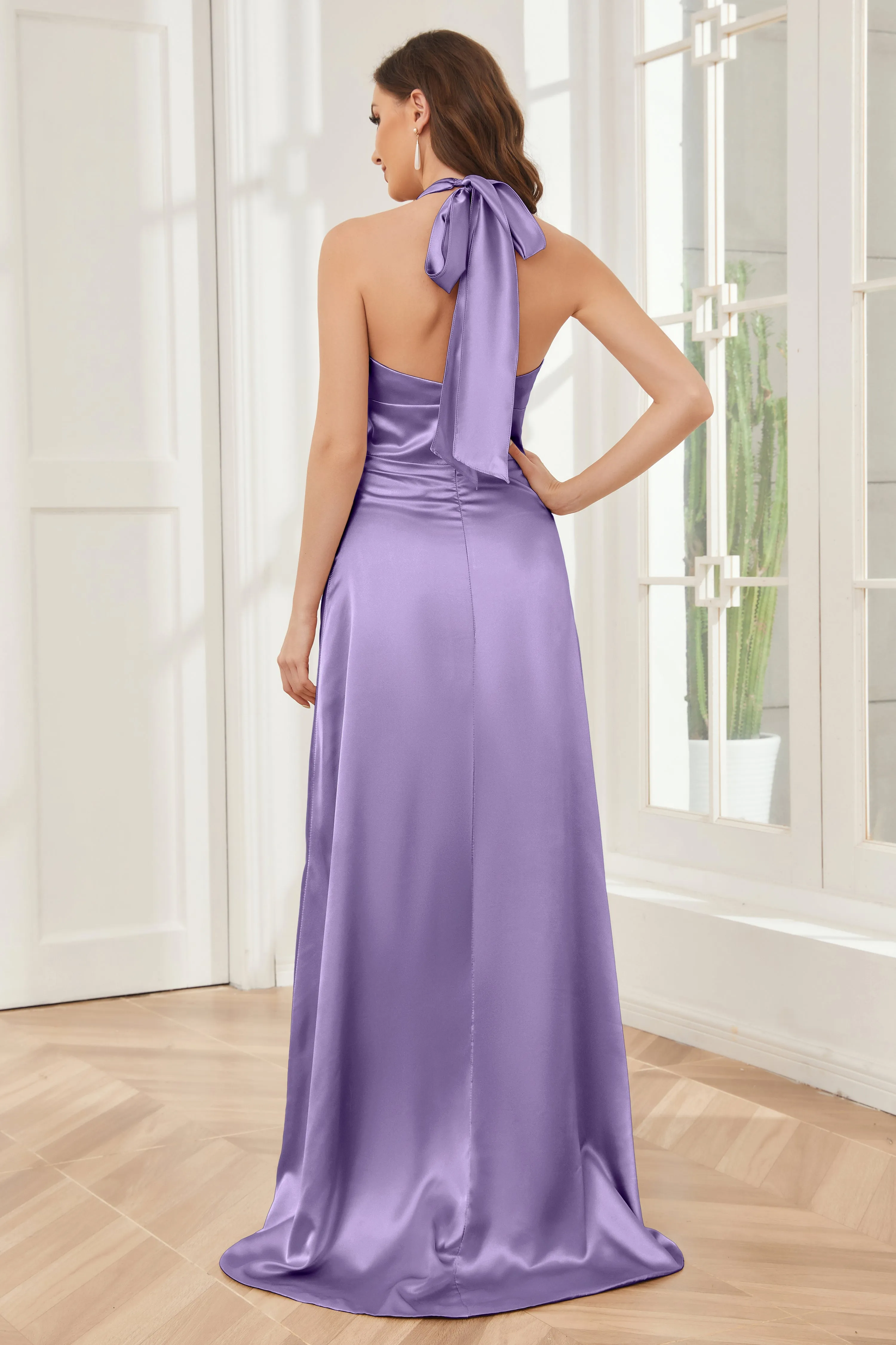 Sheath Halter Soft Satin Bridesmaid Dress with Slit
