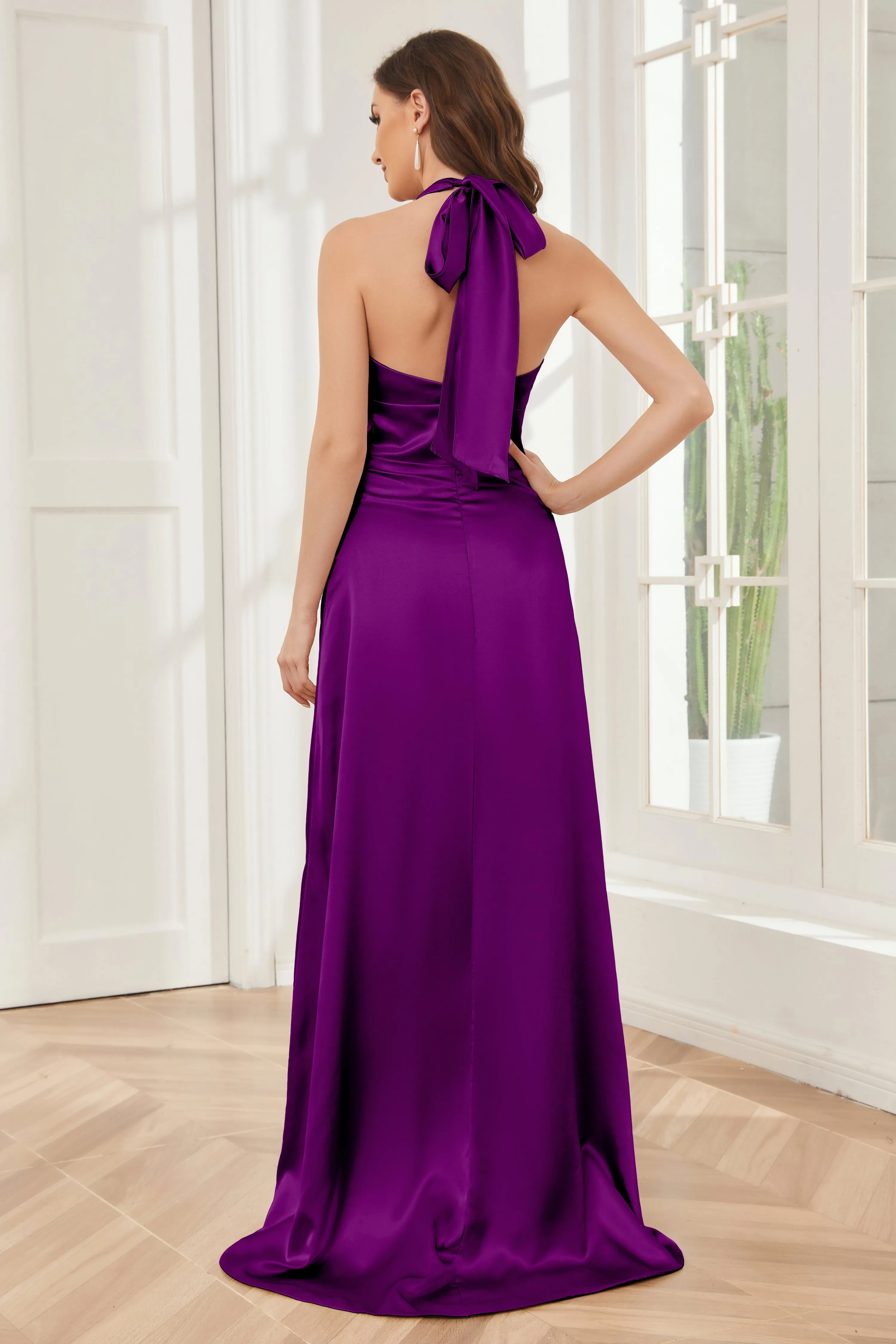 Sheath Halter Soft Satin Bridesmaid Dress with Slit