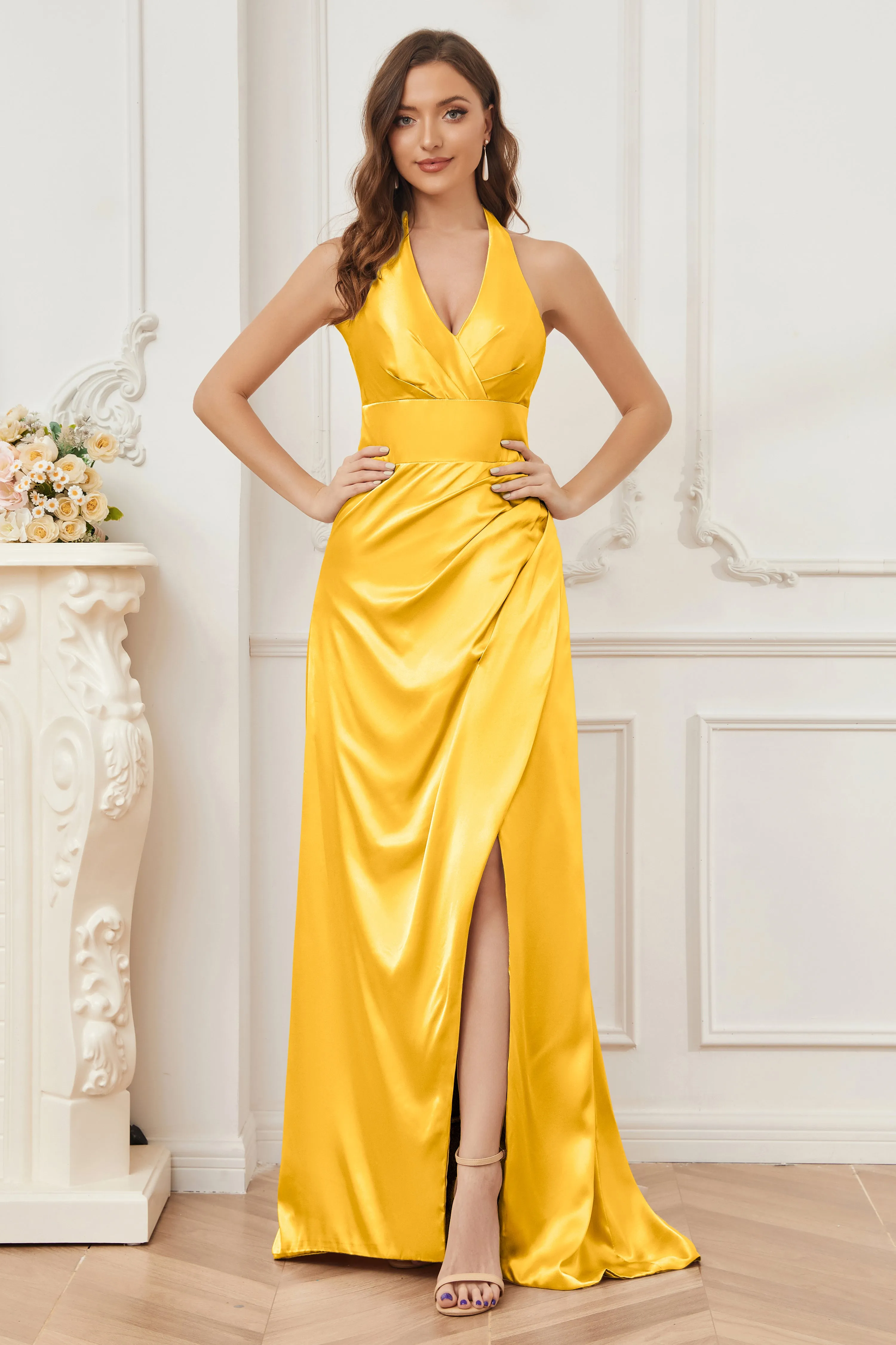 Sheath Halter Soft Satin Bridesmaid Dress with Slit