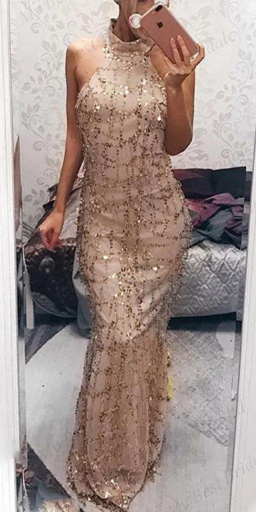 Sheath High Neck Sequied Evening Dresses ,Cheap Prom Dresses,PDY0594