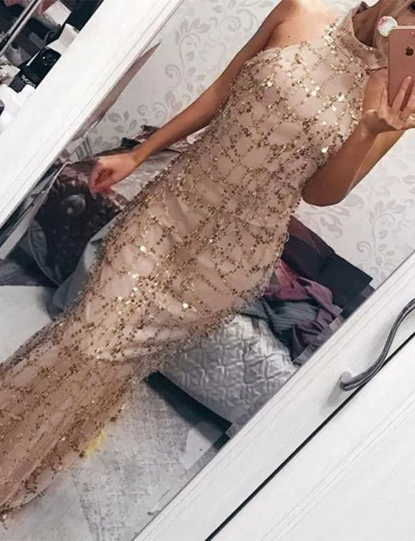 Sheath High Neck Sequied Evening Dresses ,Cheap Prom Dresses,PDY0594