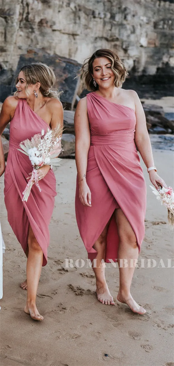Sheath One-shoulder Sleeveless Short Bridesmaid Dresses With Split, BD0627