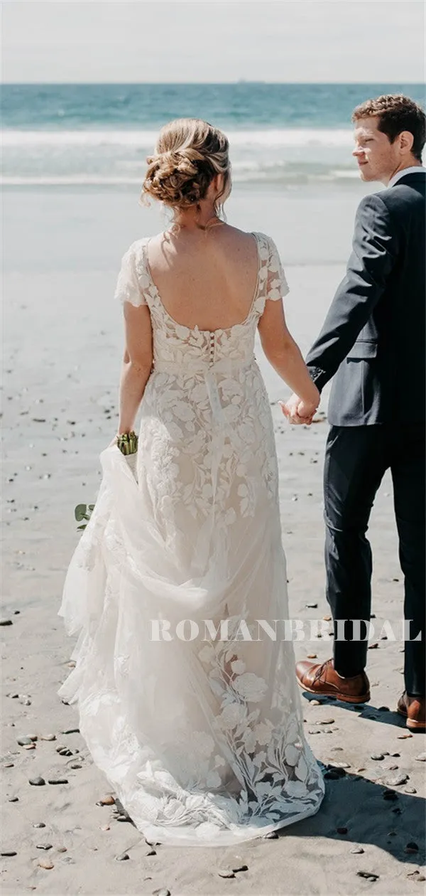 Sheath Round-neck Short Sleeves Backless Lace Appliques Wedding Dresses, WD0498
