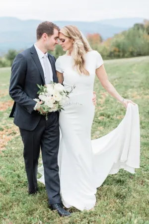 Sheath Short-sleeve Wedding Gown with Hollow Back