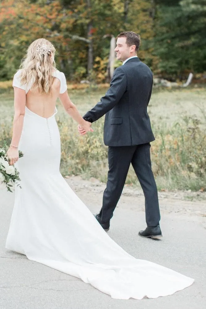 Sheath Short-sleeve Wedding Gown with Hollow Back