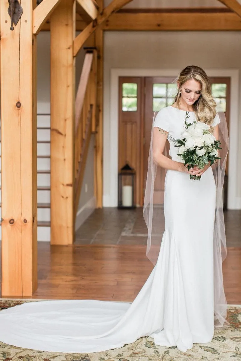 Sheath Short-sleeve Wedding Gown with Hollow Back
