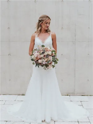 Sheath V-neck Sleeveless Light Ivory Lace Long Wedding Dresses, WD0486