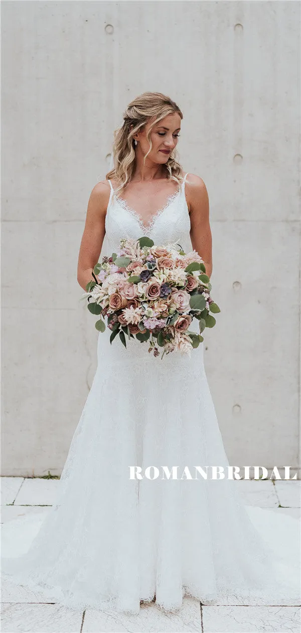 Sheath V-neck Sleeveless Light Ivory Lace Long Wedding Dresses, WD0486