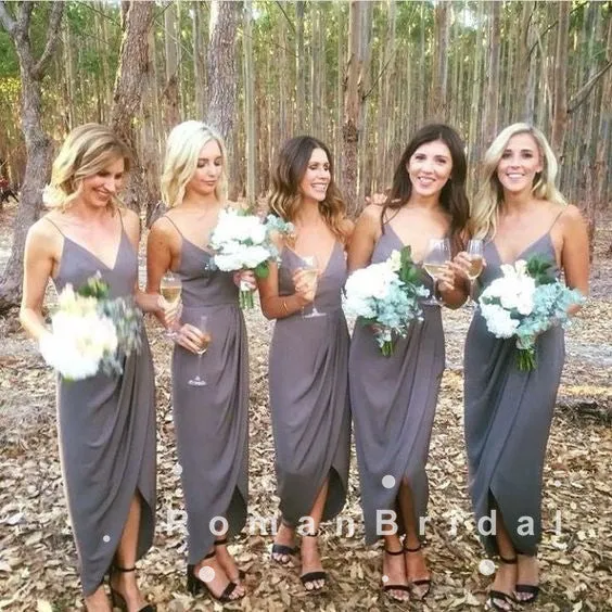 Sheath V-Neck Spaghetti Straps Side Slit Cheap Tea Length Bridesmaid Dresses With Pleats,RBWG0021
