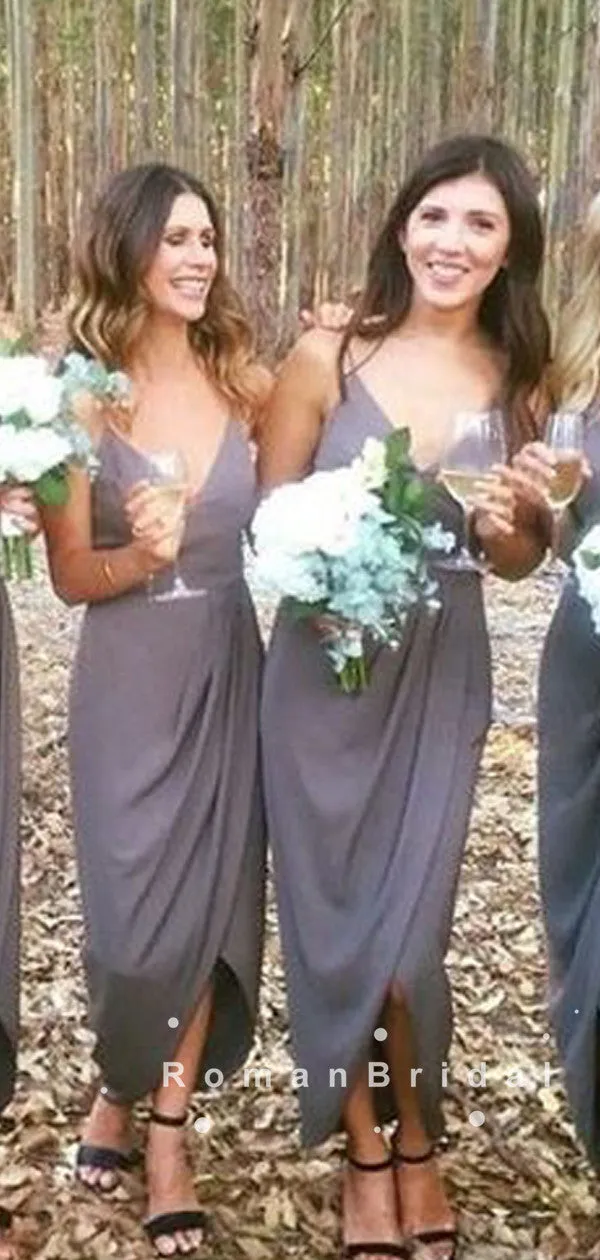 Sheath V-Neck Spaghetti Straps Side Slit Cheap Tea Length Bridesmaid Dresses With Pleats,RBWG0021
