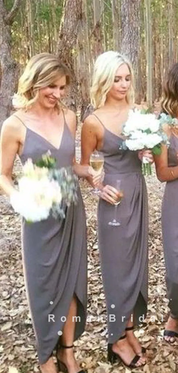 Sheath V-Neck Spaghetti Straps Side Slit Cheap Tea Length Bridesmaid Dresses With Pleats,RBWG0021