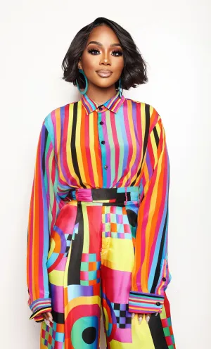 Silk Crepe de Chine Button Up in Light Beam Stripe