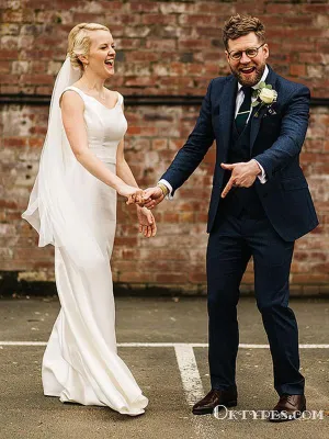 Simple V-neck Sleeveless Sheath Ivory Satin Long Cheap Wedding Dresses, TYP1989