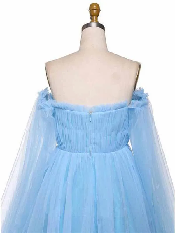 Sky Blue A-line Tulle Off-the-Shoulder Prom Dresses, Long Formal Dress, MP695