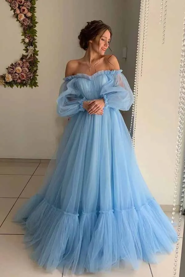 Sky Blue A-line Tulle Off-the-Shoulder Prom Dresses, Long Formal Dress, MP695