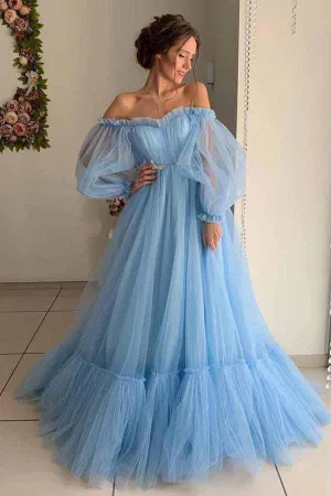 Sky Blue A-line Tulle Off-the-Shoulder Prom Dresses, Long Formal Dress, MP695