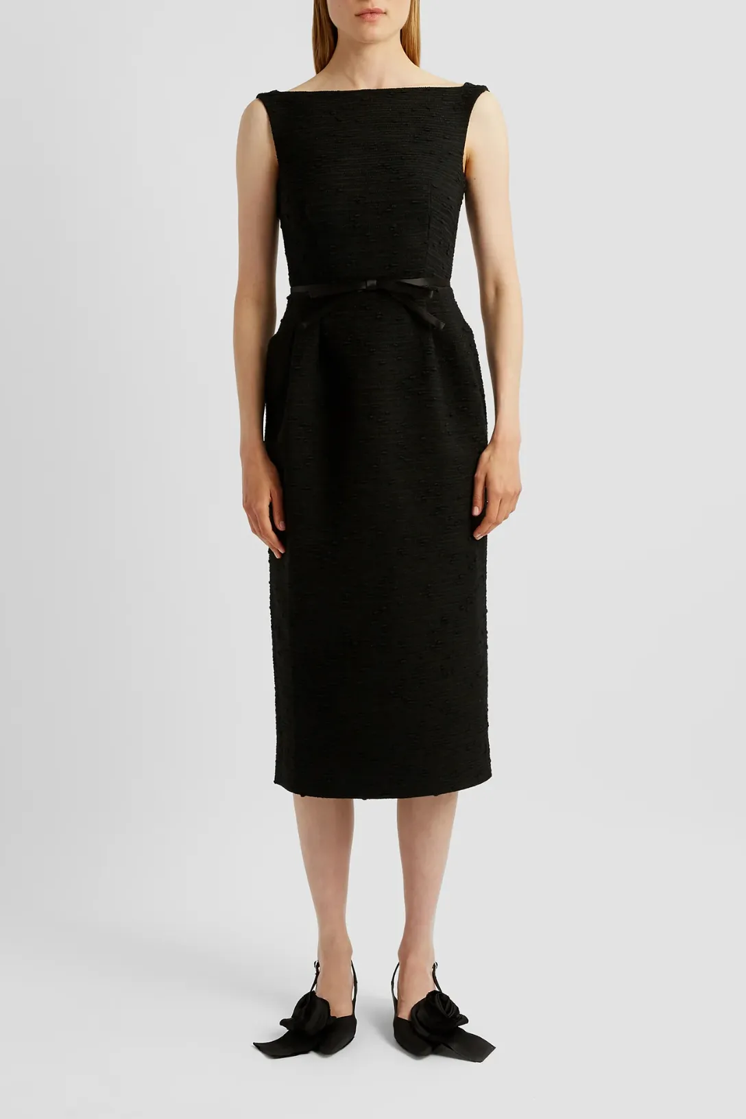 Sleeveless Midi Pencil Dress | Black Tweed