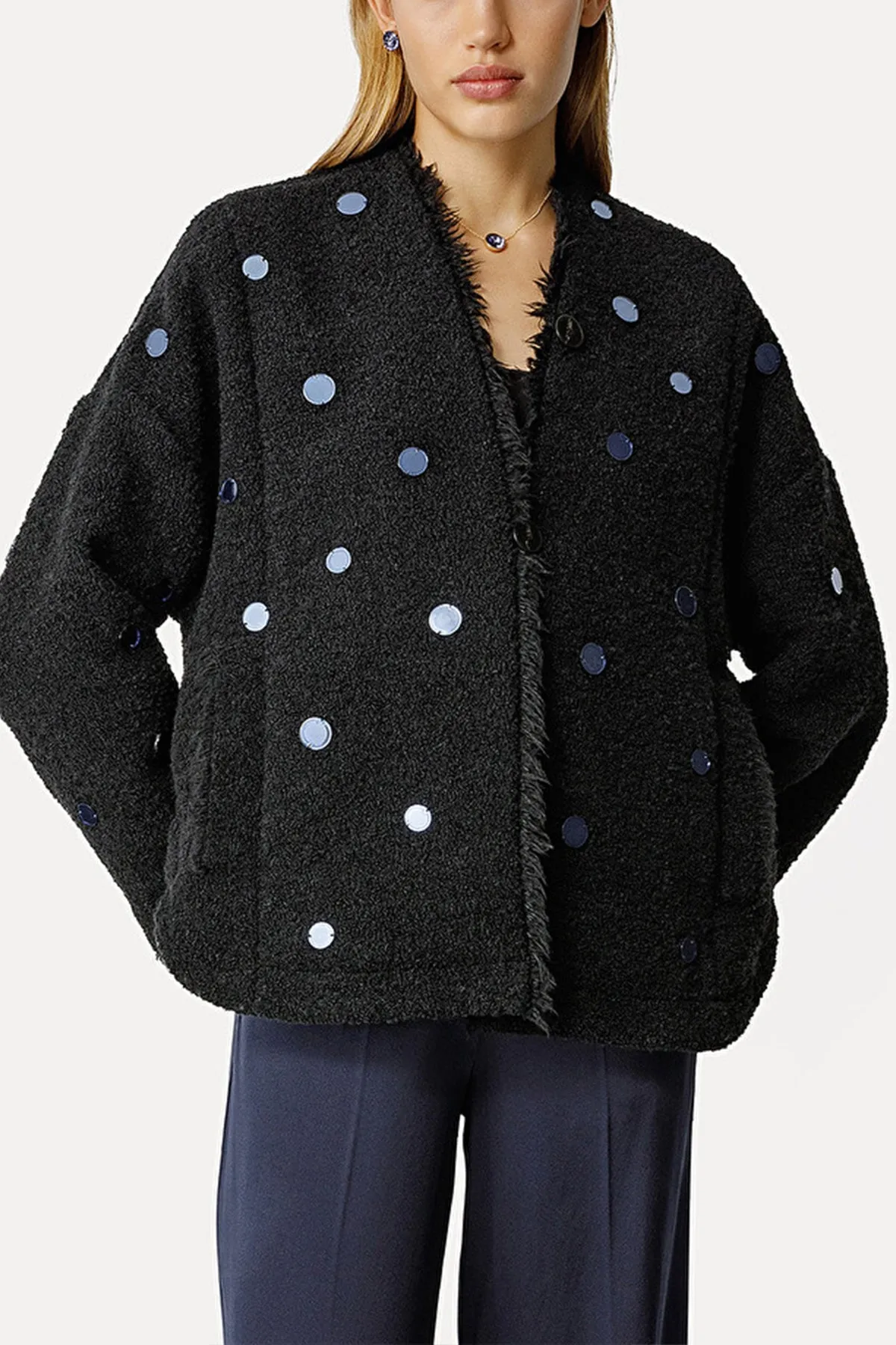 Soft–Bouclé Blouson Jacket with Little Mirrors in Noir
