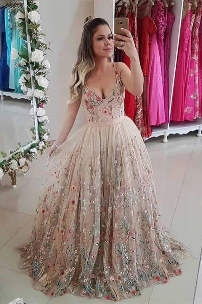 Spaghetti Strap A Line Floral Embroidery Prom Dress Long Formal Party Dress OKH48